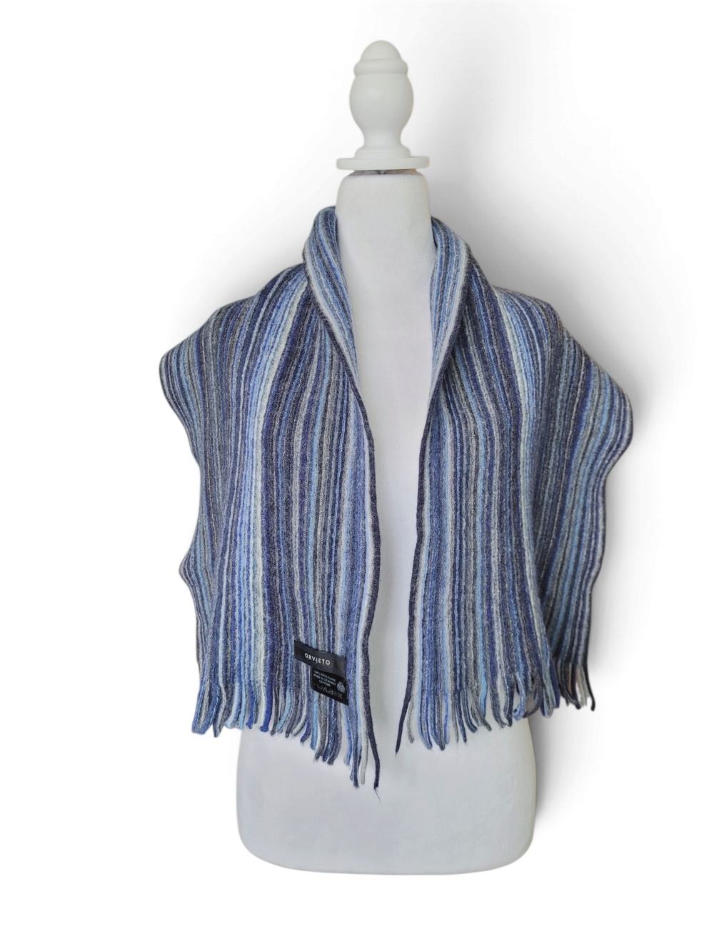 100% Wool Striped  Knit Fringe Scarf Blue And Gray